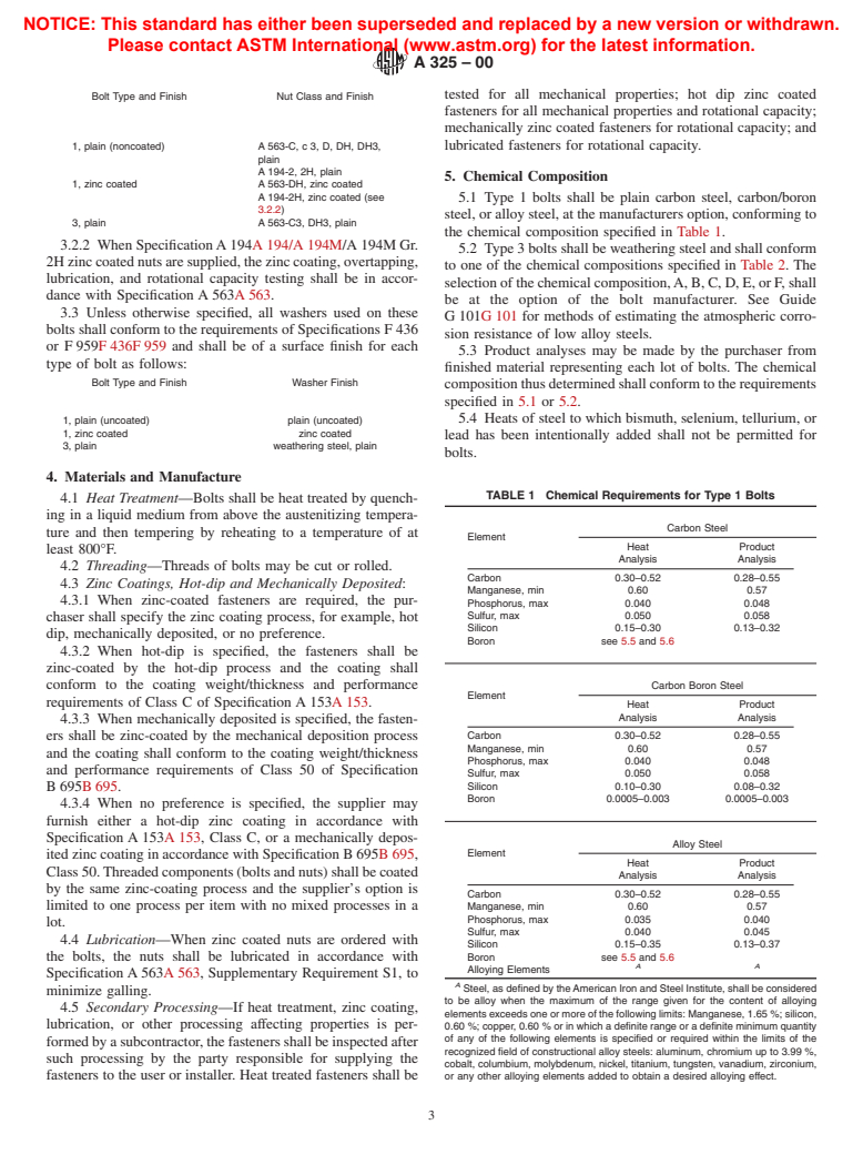 ASTM A325-00 - Standard Specification for Structural Bolts, Steel, Heat Treated, 120/105 ksi Minimum Tensile Strength