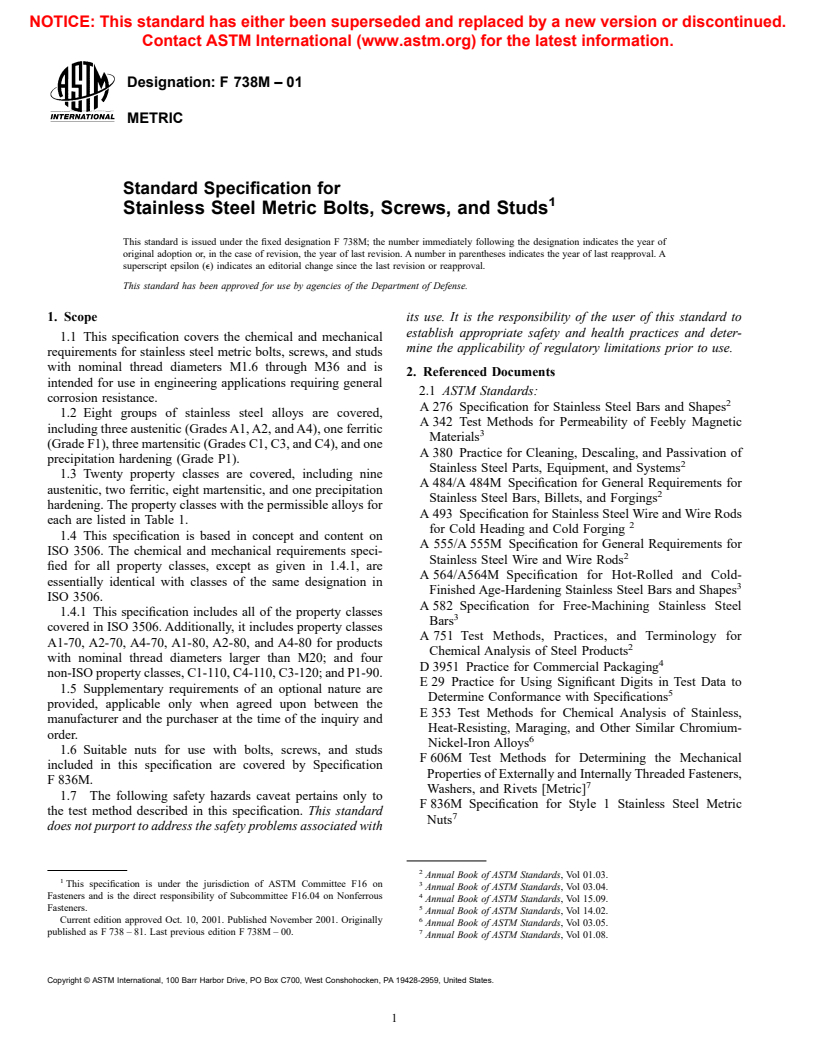 ASTM F738M-01 - Standard Specification for Stainless Steel Metric Bolts, Screws, and Studs