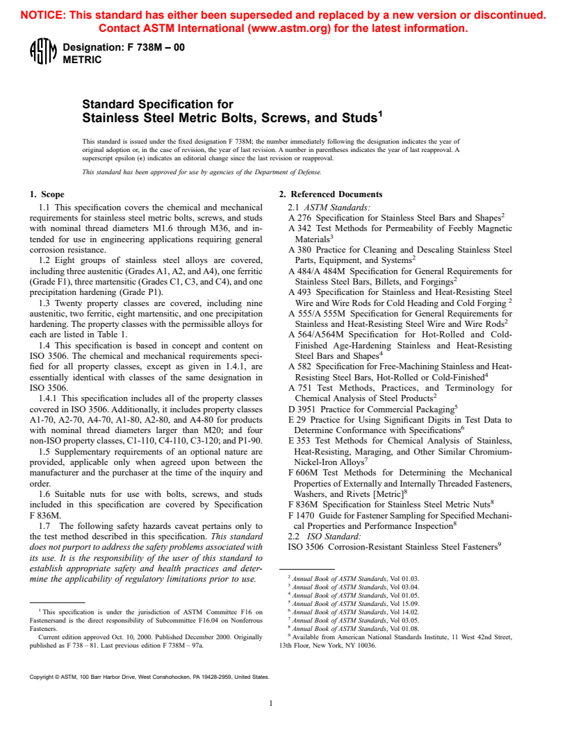 ASTM F738M-00 - Standard Specification for Stainless Steel Metric Bolts, Screws, and Studs