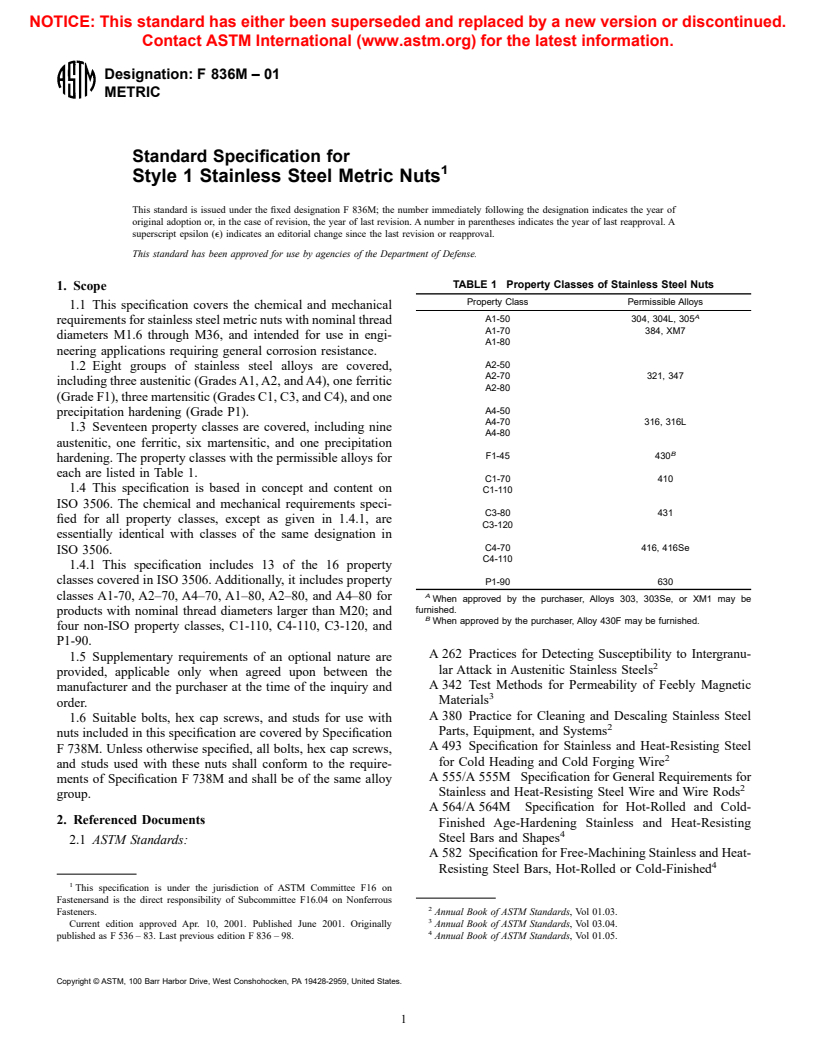 ASTM F836M-01 - Standard Specification for Style 1 Stainless Steel Metric Nuts