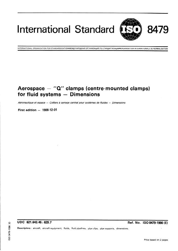 ISO 8479:1986 - Aerospace -- "Q" clamps (centre-mounted clamps) for fluid systems -- Dimensions
