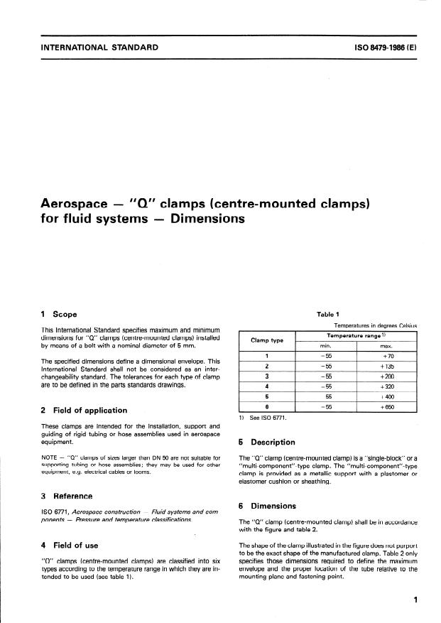 ISO 8479:1986 - Aerospace -- "Q" clamps (centre-mounted clamps) for fluid systems -- Dimensions