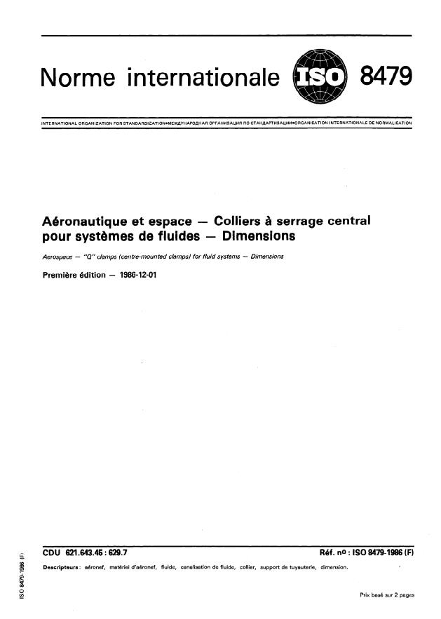 ISO 8479:1986 - Aéronautique et espace -- Colliers a serrage central pour systemes de fluides -- Dimensions
