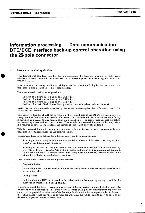 ISO 8480:1987 - Information processing -- Data communication -- DTE/DCE interface back-up control operation using the 25-pole connector