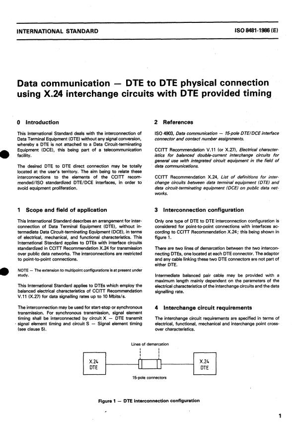ISO 8481:1986 - Data communication -- DTE to DTE physical connection using X.24 interchange circuits with DTE provided timing
