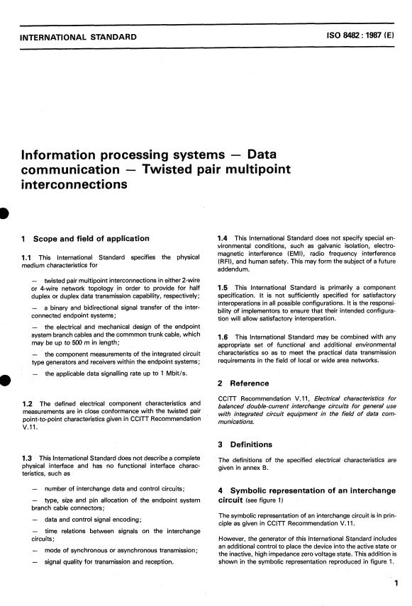 ISO 8482:1987 - Information processing systems -- Data communication -- Twisted pair multipoint interconnections