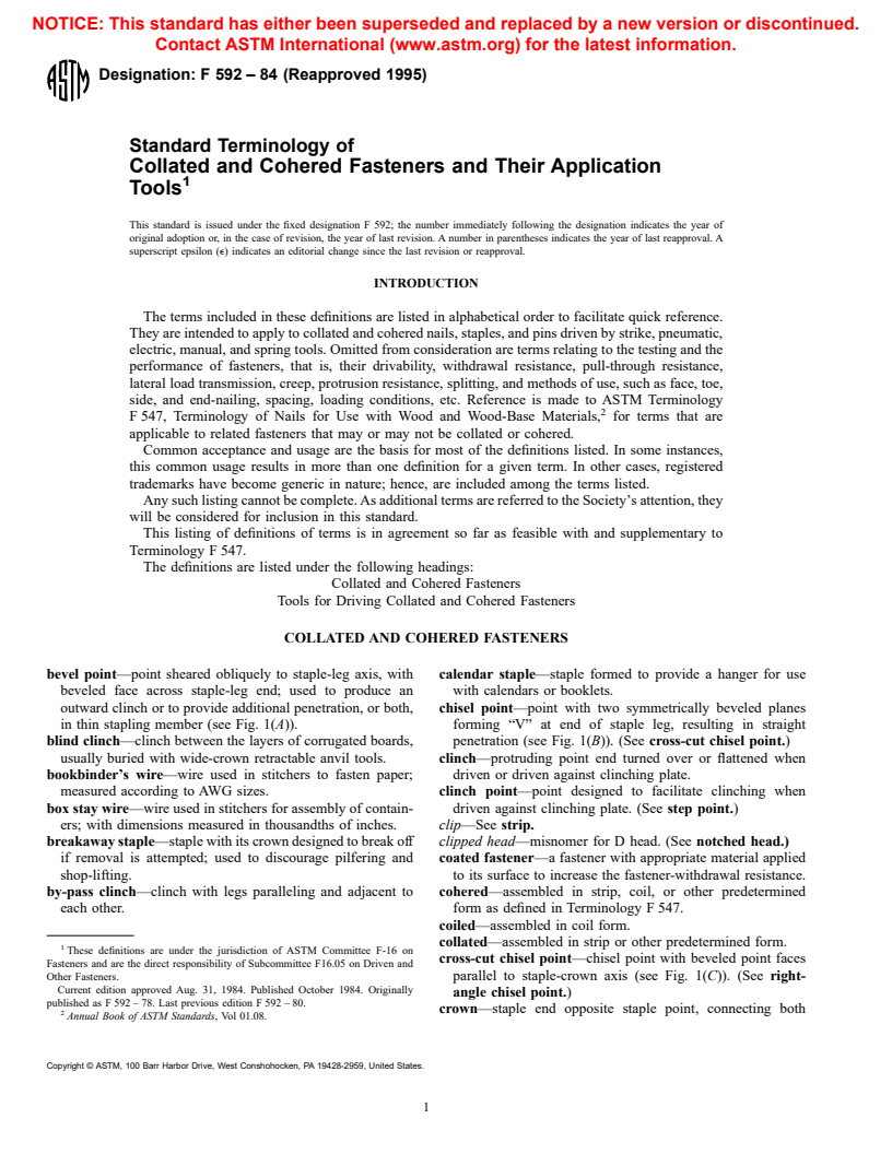 ASTM F592-84(1995) - Standard Terminology of Collated and Cohered Fasteners and Their Application Tools