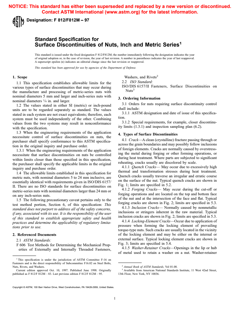 ASTM F812/F812M-97 - Standard Specification for Surface Discontinuities of Nuts, Inch and Metric Series