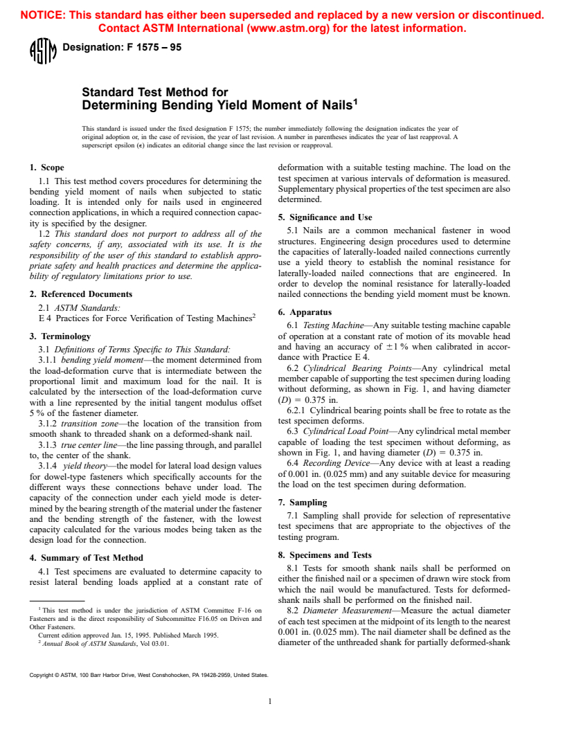 ASTM F1575-95 - Standard Test Method for Determining Bending Yield Moment of Nails