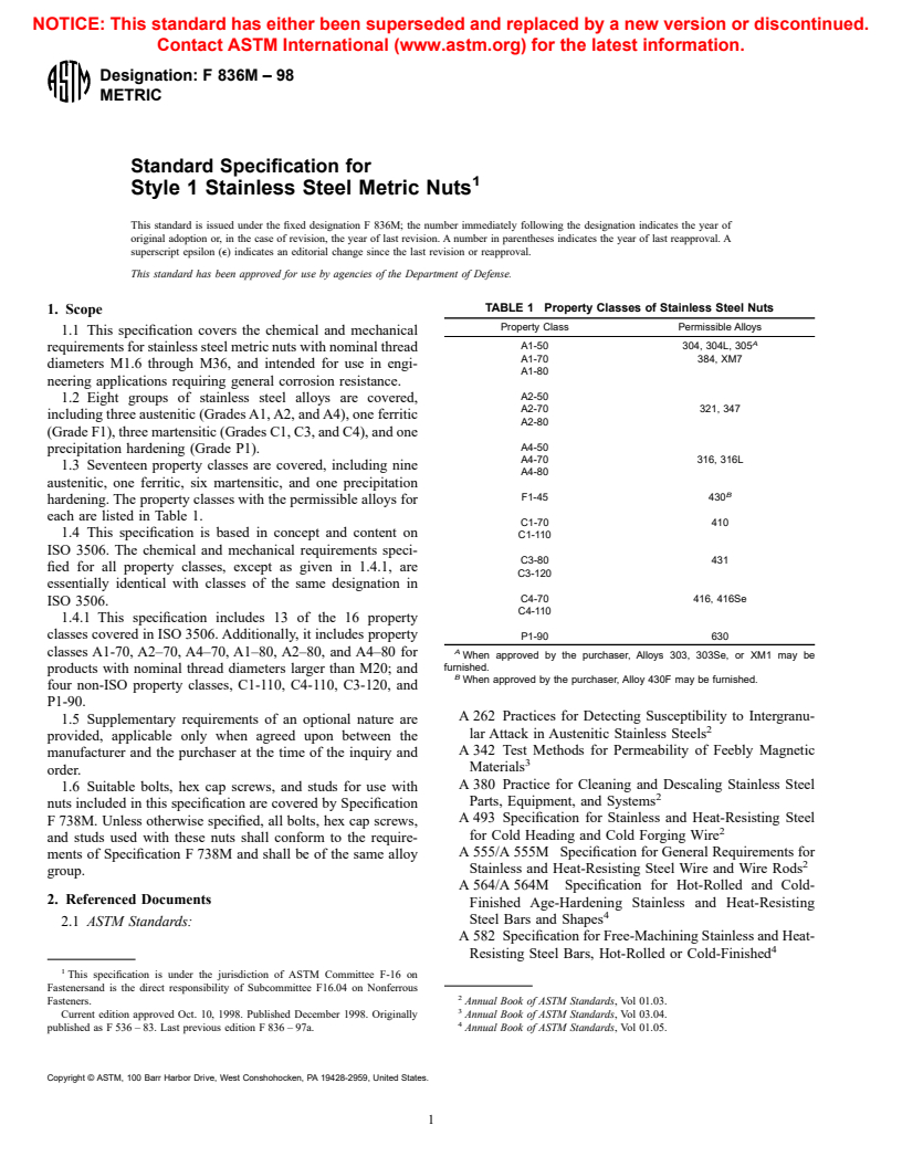 ASTM F836M-98 - Standard Specification for Style 1 Stainless Steel Metric Nuts