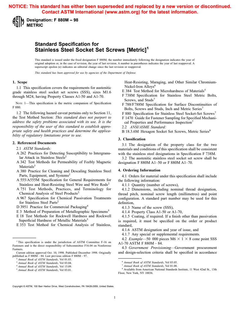 ASTM F880M-98 - Standard Specification for Stainless Steel Socket Set Screws [Metric]