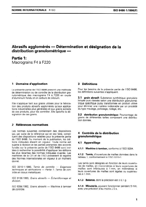 ISO 8486-1:1996 - Abrasifs agglomérés -- Détermination et désignation de la distribution granulométrique