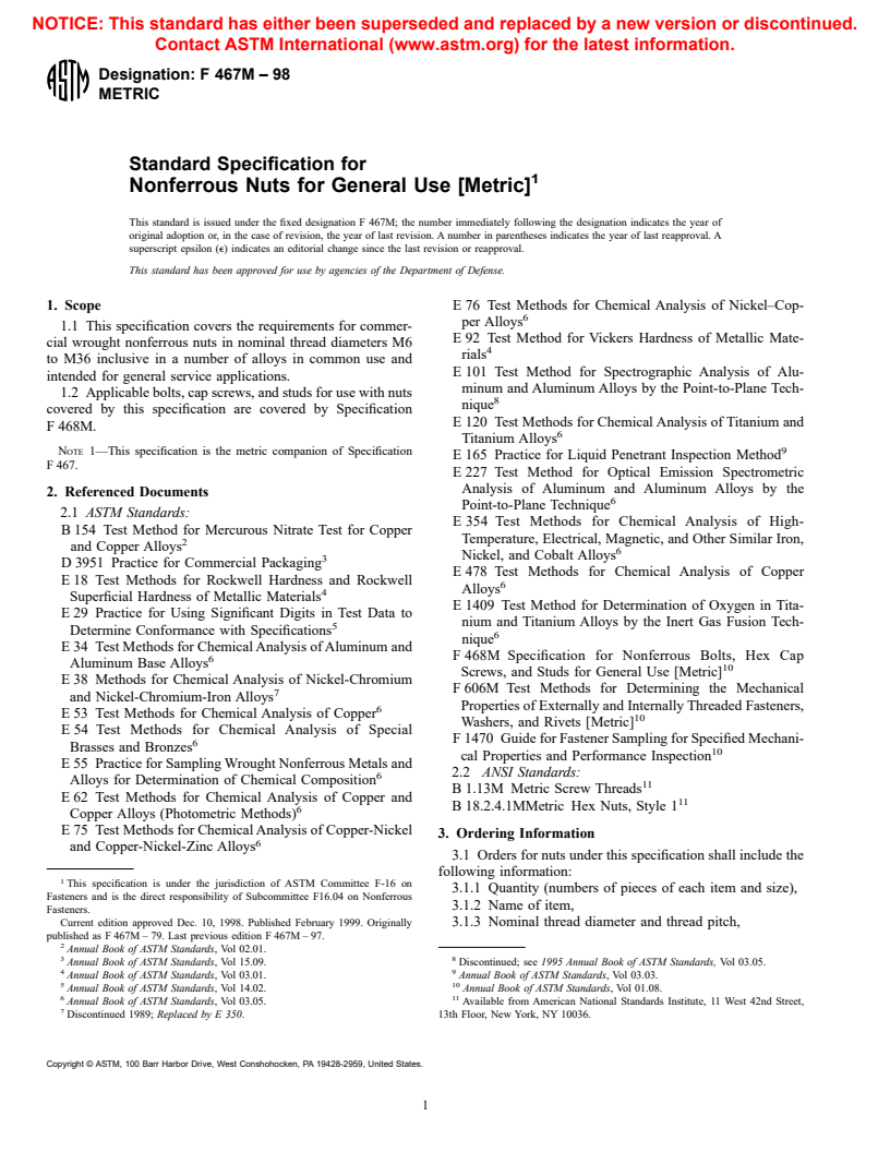 ASTM F467M-98 - Standard Specification for Nonferrous Nuts for General Use [Metric]