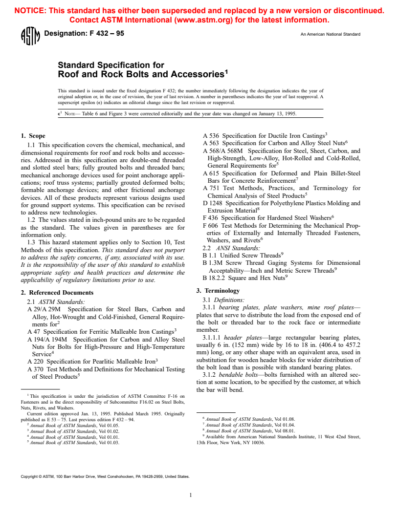 ASTM F432-95 - Standard Specification for Roof and Rock Bolts and Accessories