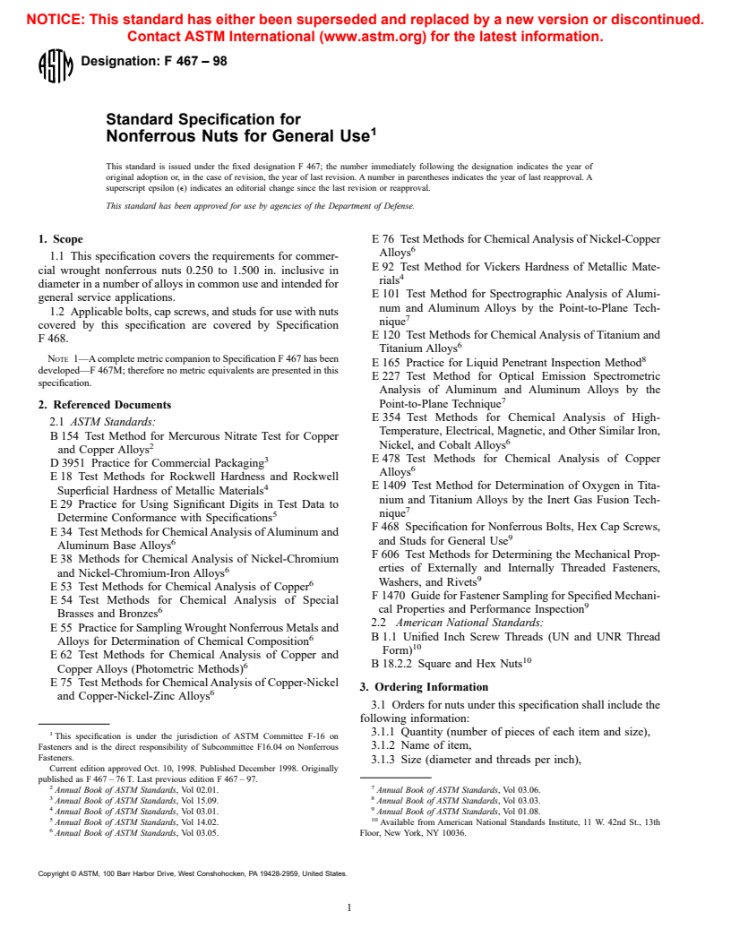 ASTM F467-98 - Standard Specification for Nonferrous Nuts for General Use