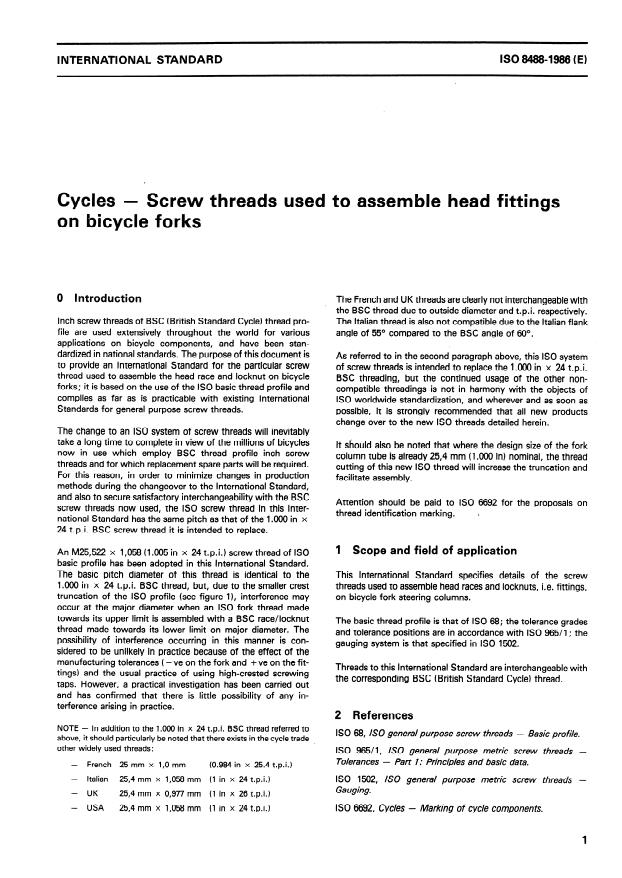 ISO 8488:1986 - Cycles -- Screw threads used to assemble head fittings on bicycle forks