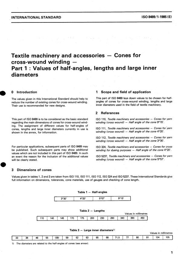 ISO 8489-1:1985 - Textile machinery and accessories -- Cones for cross-wound winding