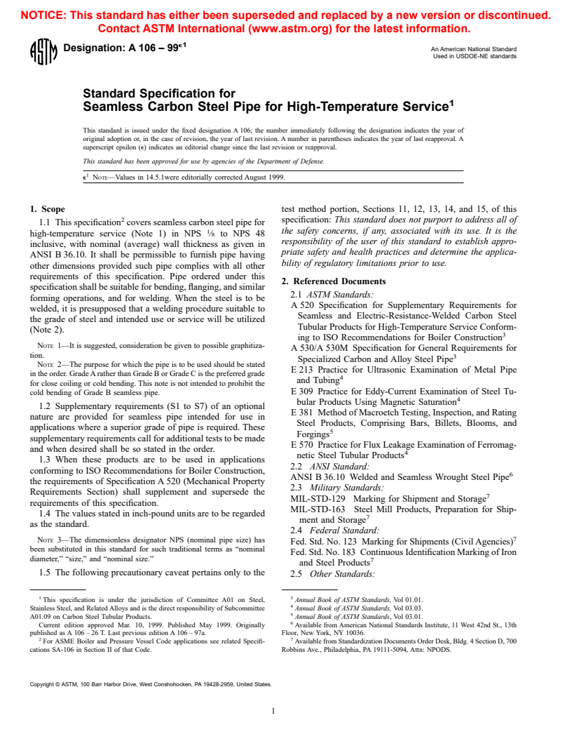 ASTM A106-99e1 - Standard Specification For Seamless Carbon Steel Pipe ...