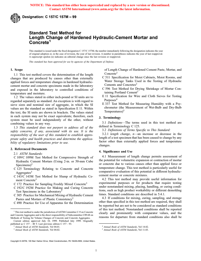 ASTM C157/C157M-99 - Standard Test Method for Length Change of Hardened Hydraulic-Cement, Mortar, and Concrete