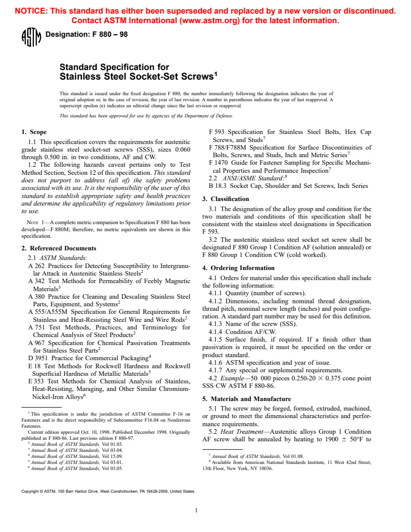 ASTM F880-98 - Standard Specification for Stainless Steel Socket-Set Screws