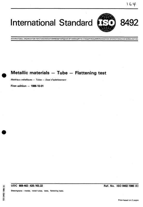 ISO 8492:1986 - Metallic materials -- Tube -- Flattening test