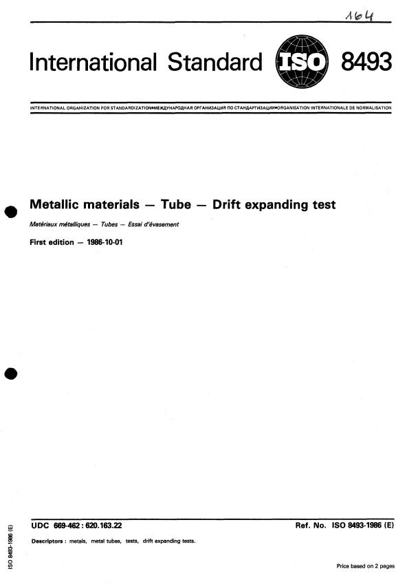 ISO 8493:1986 - Metallic materials -- Tube -- Drift-expanding test