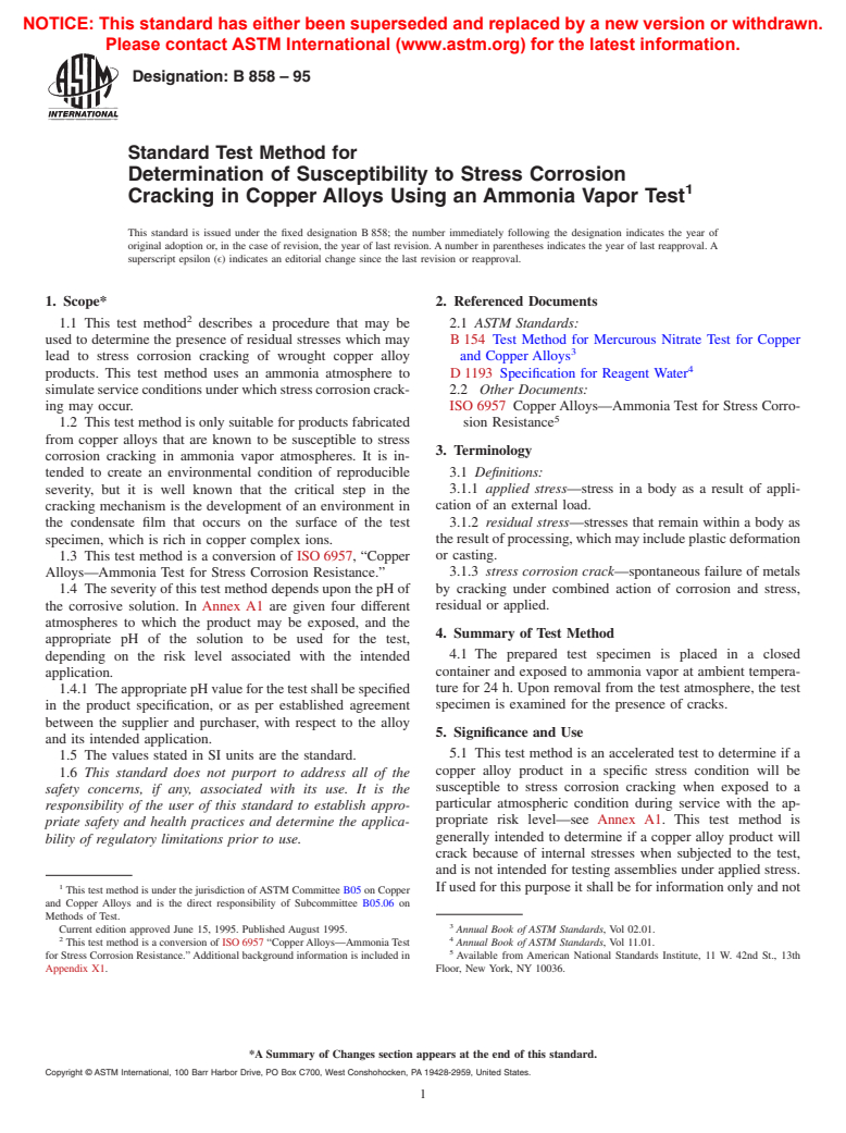 ASTM B858-95 - Standard Test Method for Ammonia Vapor Test for Determination Susceptibility to Stress Corrosion Cracking in Copper Alloys