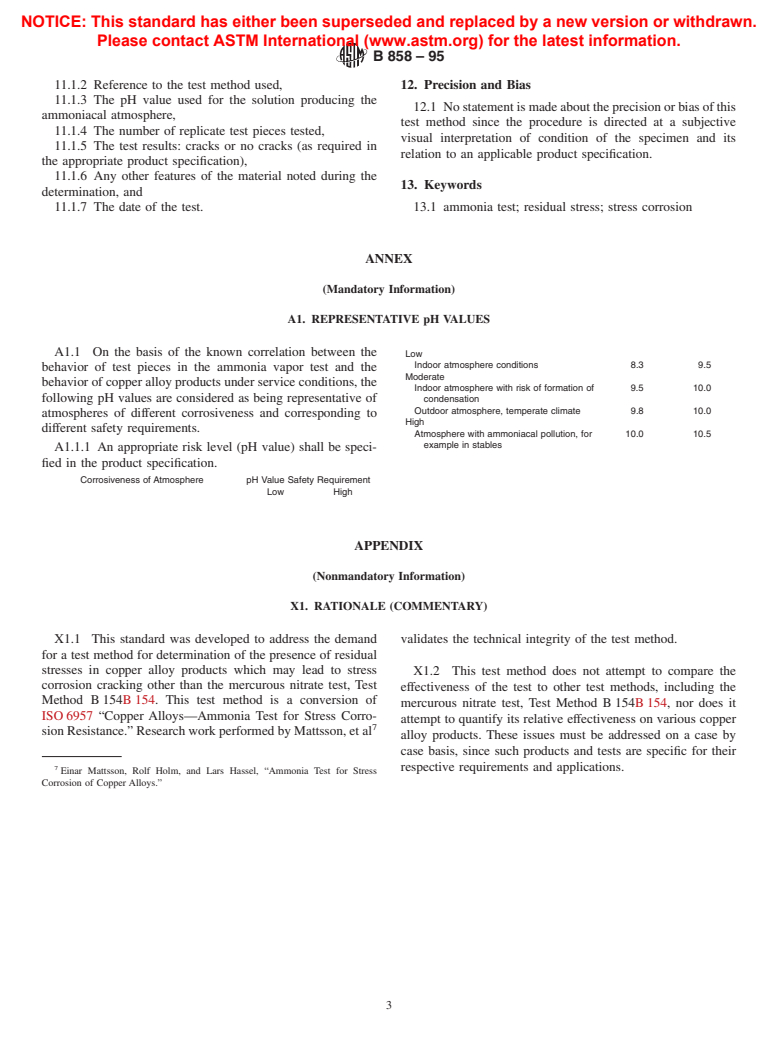 ASTM B858-95 - Standard Test Method for Ammonia Vapor Test for Determination Susceptibility to Stress Corrosion Cracking in Copper Alloys