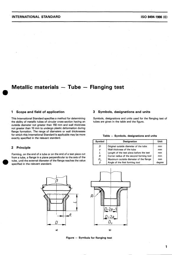 ISO 8494:1986 - Metallic materials -- Tube -- Flanging test