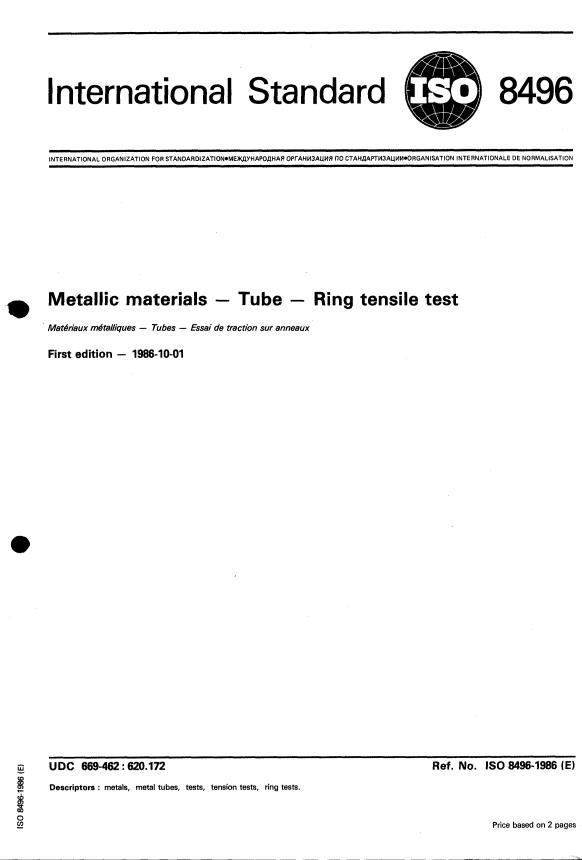ISO 8496:1986 - Metallic materials -- Tube -- Ring tensile test