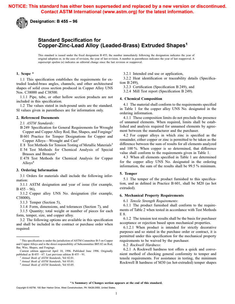 ASTM B455-96 - Standard Specification for Copper-Zinc-Lead Alloy (Leaded-Brass) Extruded Shapes