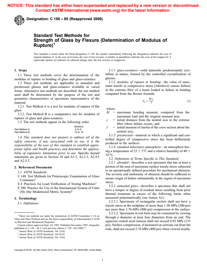 ASTM C158-95(2000) - Standard Test Methods for Strength of Glass by Flexure (Determination of Modulus of Rupture)