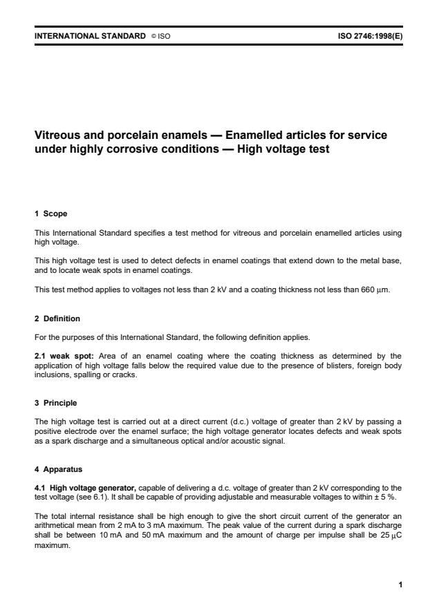 ISO 2746:1998 - Vitreous and porcelain enamels -- Enamelled articles for service under highly corrosive conditions -- High voltage test