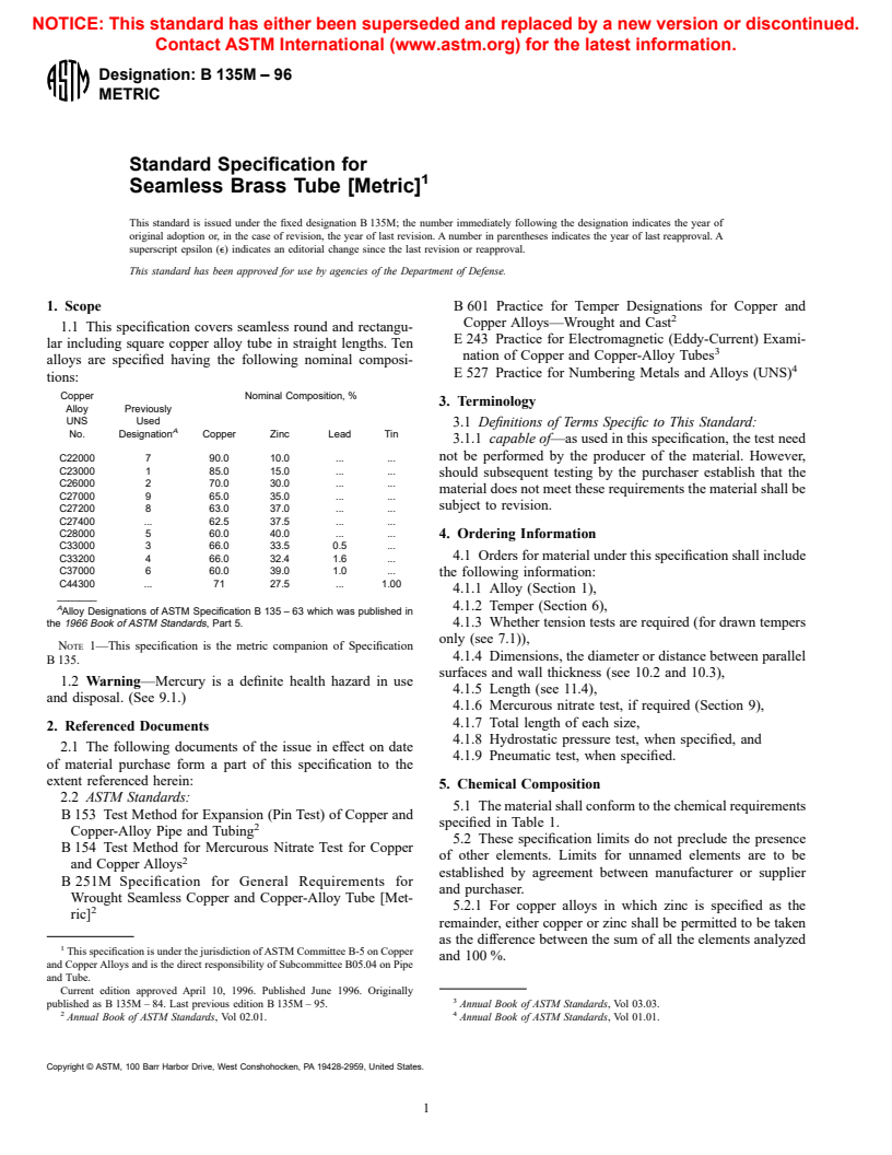 ASTM B135M-96 - Standard Specification for Seamless Brass Tube [Metric]