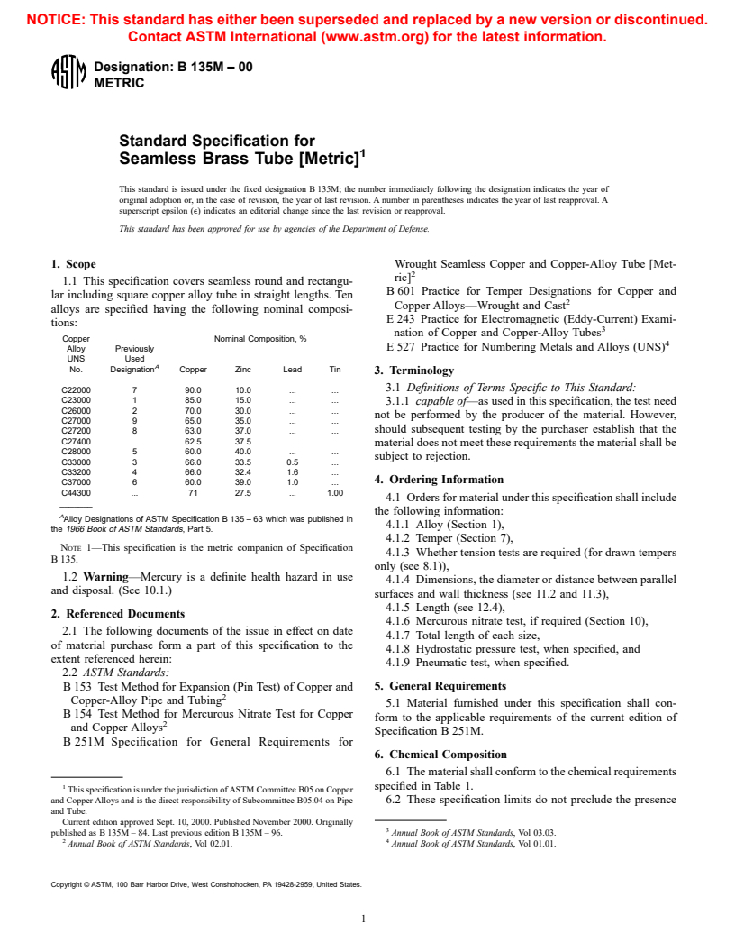 ASTM B135M-00 - Standard Specification for Seamless Brass Tube [Metric]