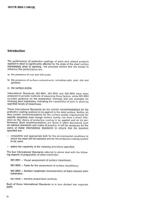 ISO/TR 8502-1:1991 ISO/TR 8502-1:1991 - Preparation of steel substrates before application of paints and related products -- Tests for the assessment of surface cleanliness - Page 4 preview