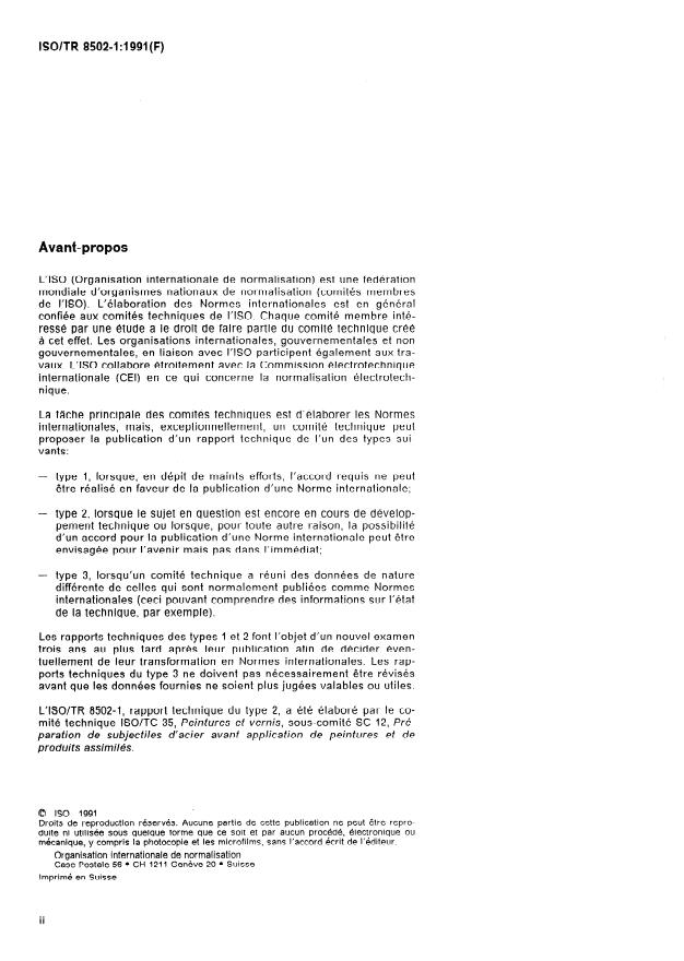 ISO/TR 8502-1:1991 ISO/TR 8502-1:1991 - Préparation des subjectiles d'acier avant application de peintures et de produits assimilés -- Essais pour apprécier la propreté d'un subjectile - Page 2 preview