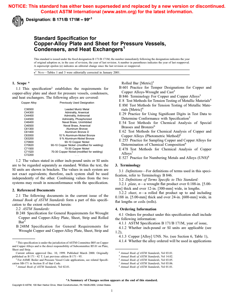 ASTM B171/B171M-99e1 - Standard Specification for Copper-Alloy Plate and Sheet for Pressure Vessels, Condensers, and Heat Exchangers