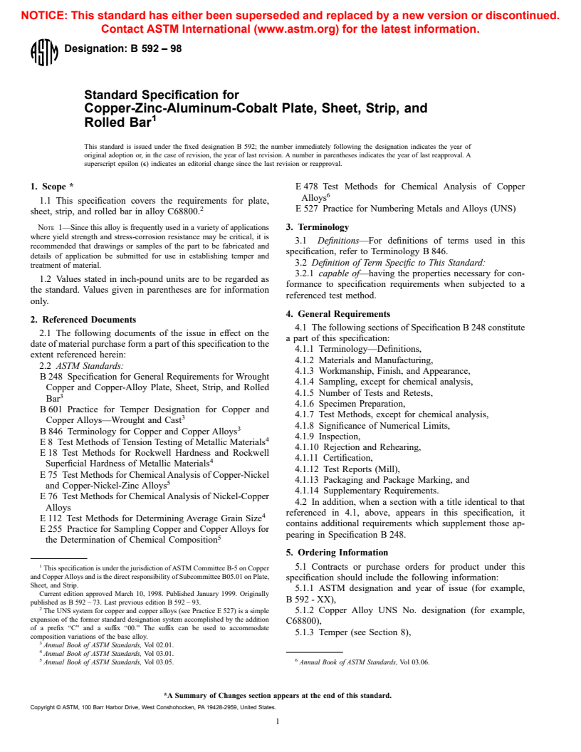 ASTM B592-98 - Standard Specification for Copper-Zinc-aluminum-Cobalt Alloy, Copper-Zinc-Tin-Iron Alloy Plate, Sheet, Strip, and Rolled Bar