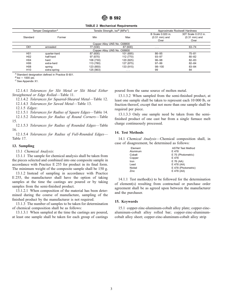 ASTM B592-98 - Standard Specification for Copper-Zinc-aluminum-Cobalt Alloy, Copper-Zinc-Tin-Iron Alloy Plate, Sheet, Strip, and Rolled Bar