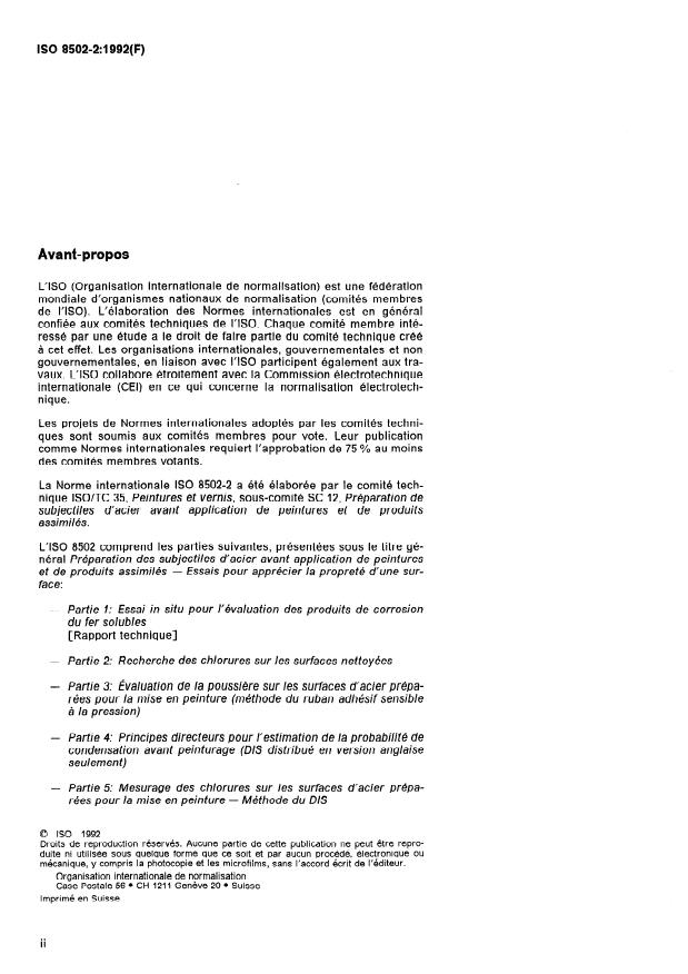 ISO 8502-2:1992 ISO 8502-2:1992 - Préparation des subjectiles d'acier avant application de peintures et de produits assimilés -- Essais pour apprécier la propreté d'un subjectile - Page 2 preview