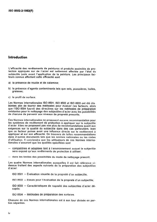 ISO 8502-2:1992 ISO 8502-2:1992 - Préparation des subjectiles d'acier avant application de peintures et de produits assimilés -- Essais pour apprécier la propreté d'un subjectile - Page 4 preview