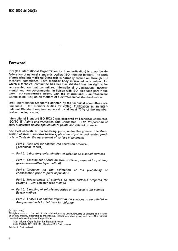 ISO 8502-2:1992 ISO 8502-2:1992 - Preparation of steel substrates before application of paints and related products -- Tests for the assessment of surface cleanliness - Page 2 preview