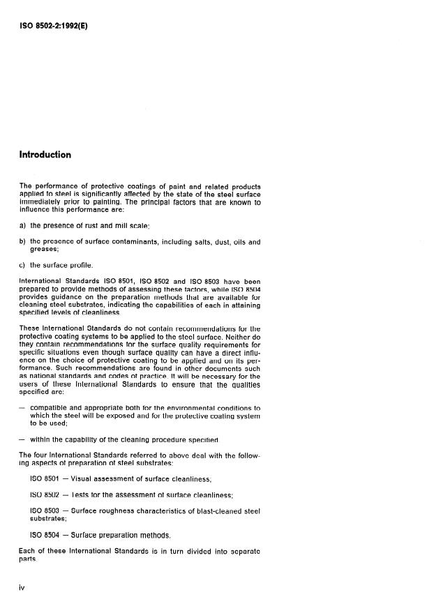 ISO 8502-2:1992 ISO 8502-2:1992 - Preparation of steel substrates before application of paints and related products -- Tests for the assessment of surface cleanliness - Page 4 preview