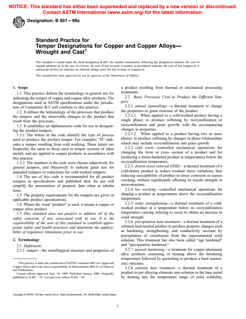 ASTM B601-99A - Standard Classification for Temper Designations for Copper and Copper Alloys-Wrought and Cast