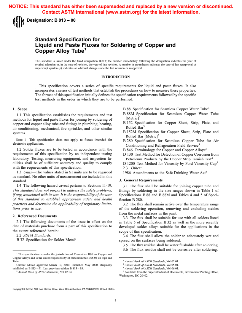 ASTM B813-00 - Standard Specification for Liquid and Paste Fluxes for Soldering of Copper and Copper Alloy Tube