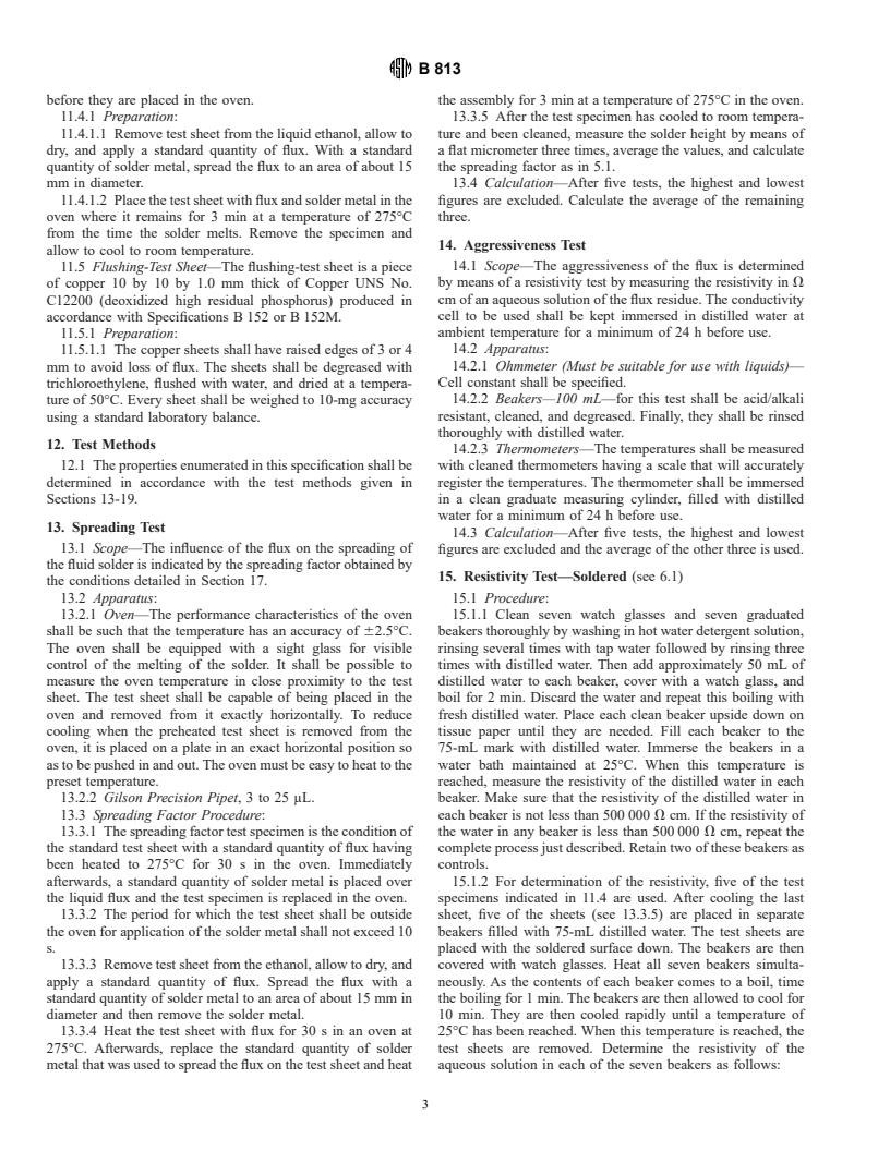 ASTM B813-00 - Standard Specification for Liquid and Paste Fluxes for Soldering of Copper and Copper Alloy Tube
