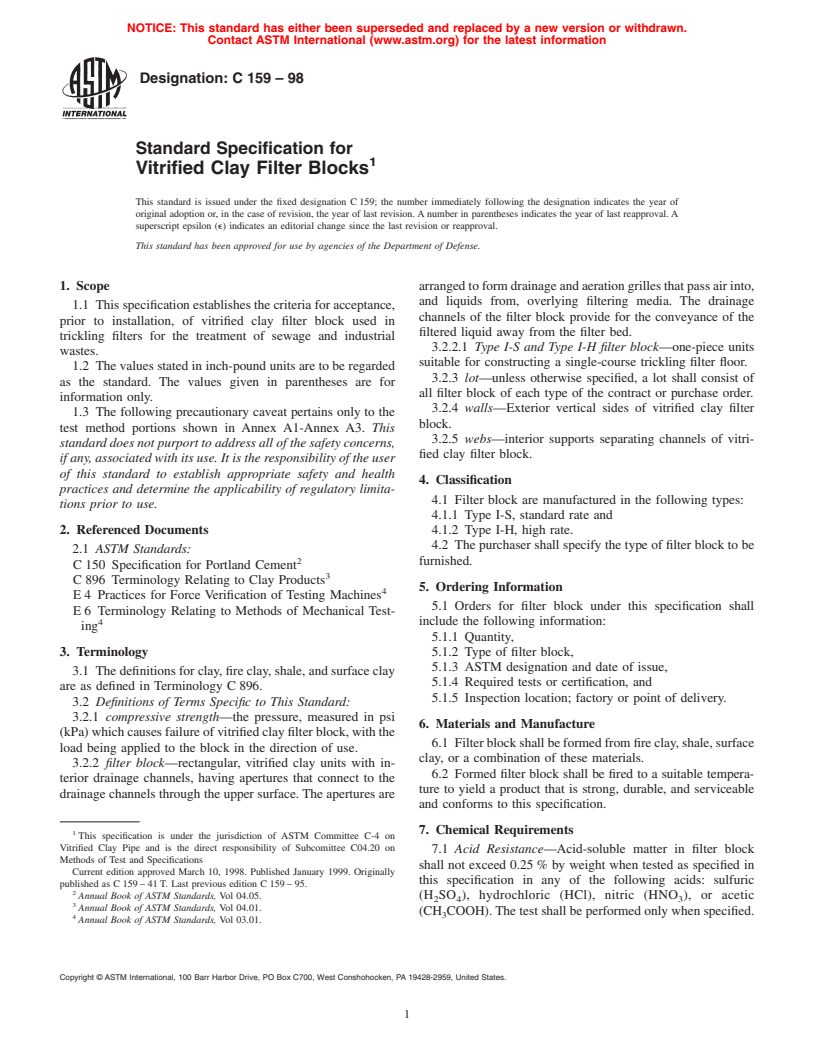 ASTM C159-98 - Standard Specification for Vitrified Clay Filter Blocks