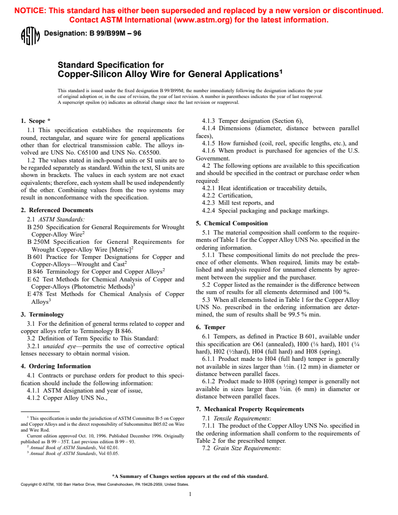 ASTM B99/B99M-96 - Standard Specification for Copper-Silicon Alloy Wire for General Applications