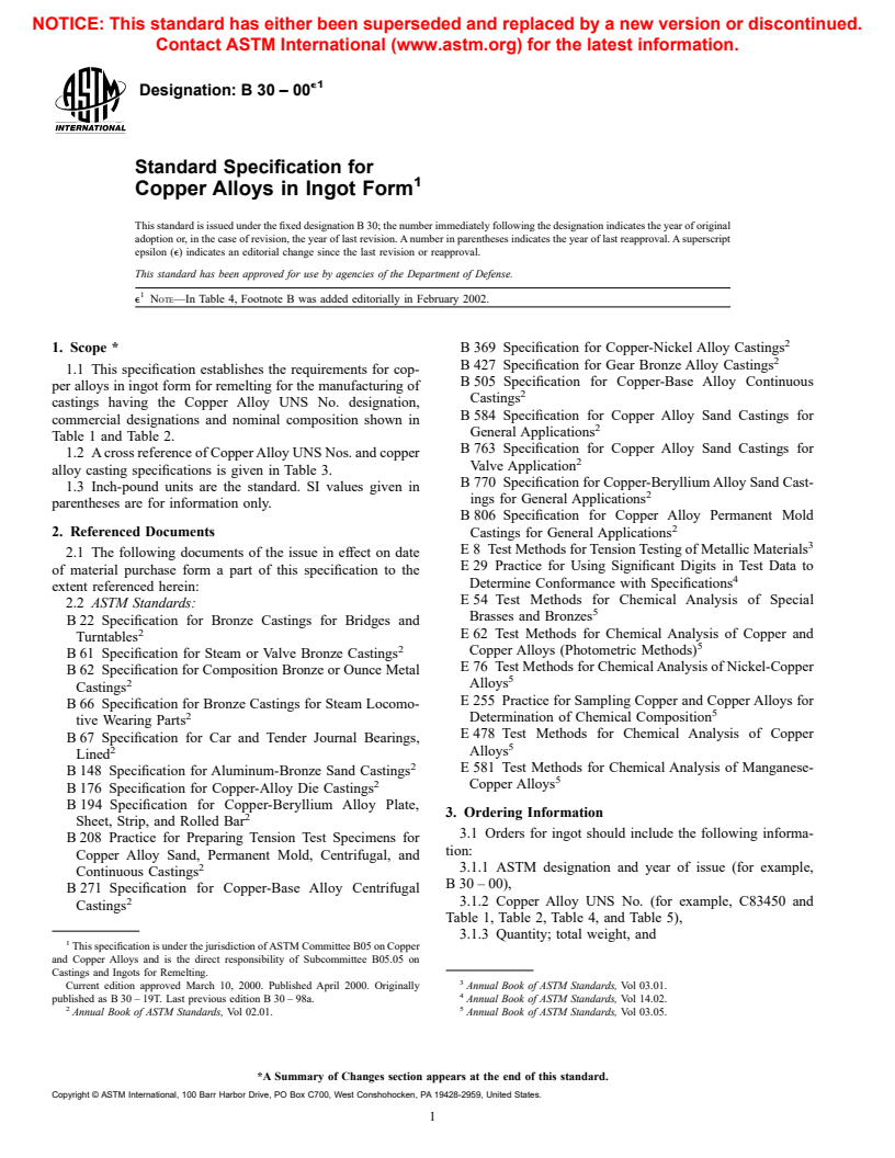 ASTM B30-00E1 - Standard Specification for Copper Alloys in Ingot Form